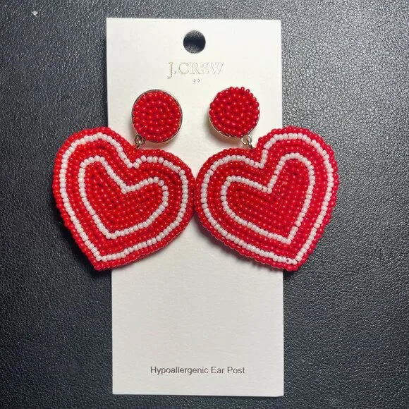 NWT Beaded Red & White Heart Statement Earrings - Picture 4 of 6